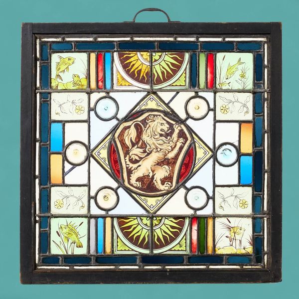 Antique Heraldic Rampant Lion Stained Glass Panel