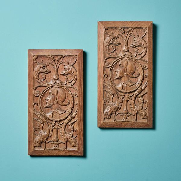 Two Antique Carved Oak Panels Depicting Mythical Creatures & Gentlemen in Period Costume