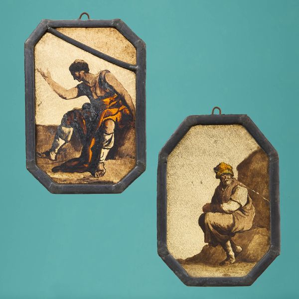 Pair of Antique Stained Glass Window Hangings of Neoclassical Figures