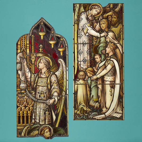 Pair of Hardman & Co Stained Glass Panels of a Religious Scene