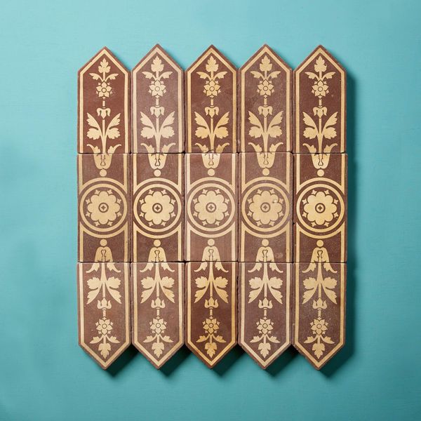 Set of 15 Antique Floral Encaustic Tiles by Campbell Tile Co