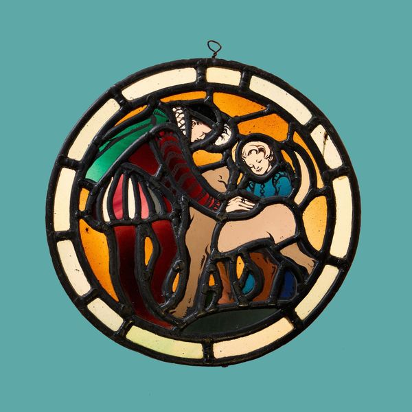 Antique Stained Glass Roundel Depicting A Man And Child With A Dog