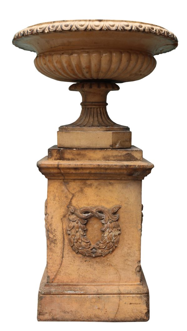 An Antique Glazed Terracotta Tazza Urn on Pedestal