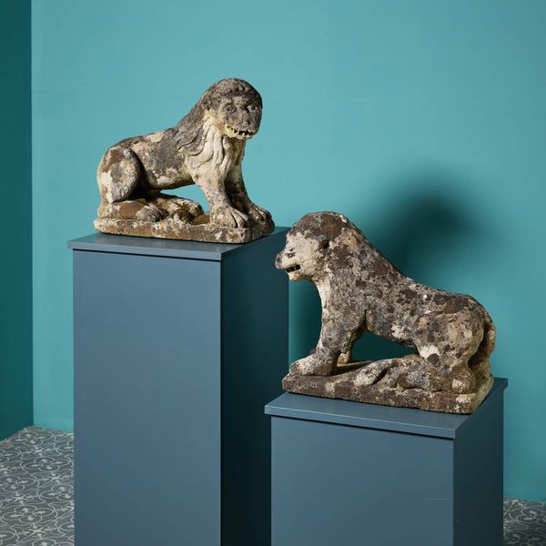 Pair of 18th Century style Weathered Limestone Lion Statues