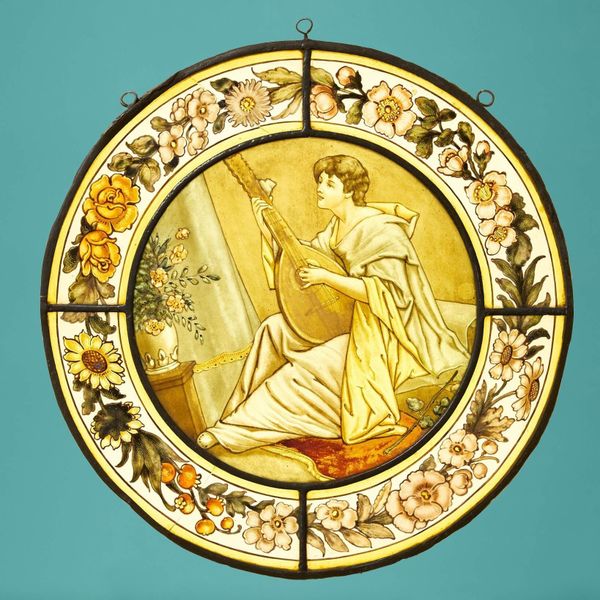 Antique Victorian Stained Glass Roundel of Woman Playing a Lyre