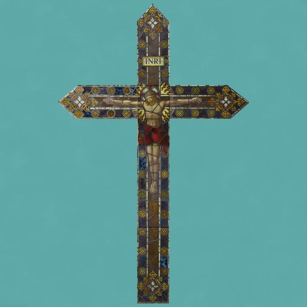 0_36998-BLUE Monumental 19th Century Stained Glass Crucifixion Window