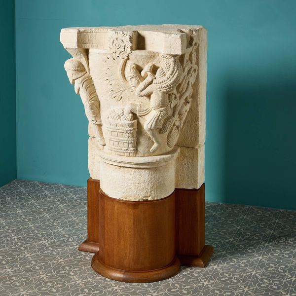French Museum Plaster Romanesque Capital Model on Plinth