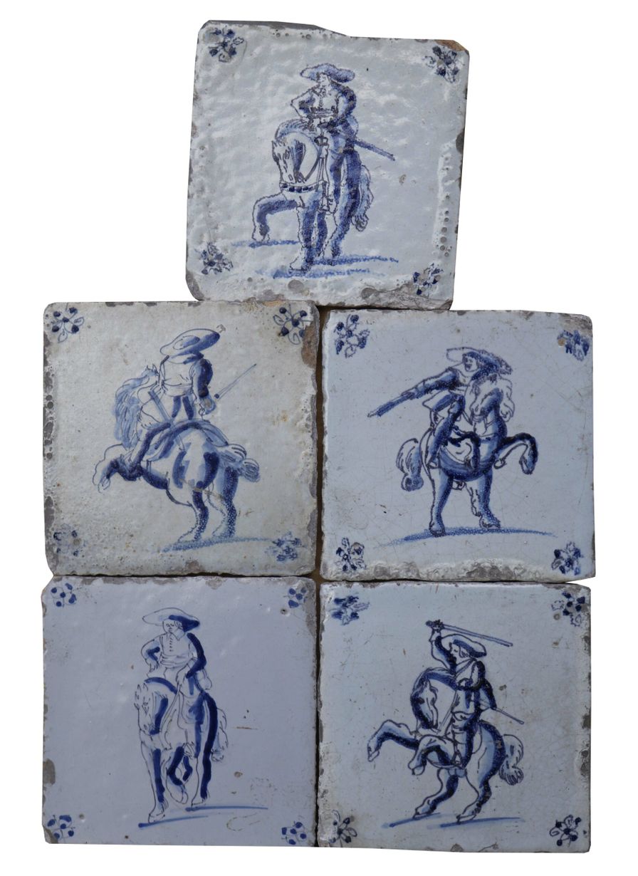 Five Delft Tiles Featuring Horsemen