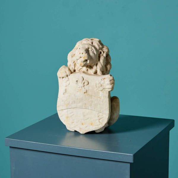 Antique Carved Marble Statue of a Lion Holding a Shield