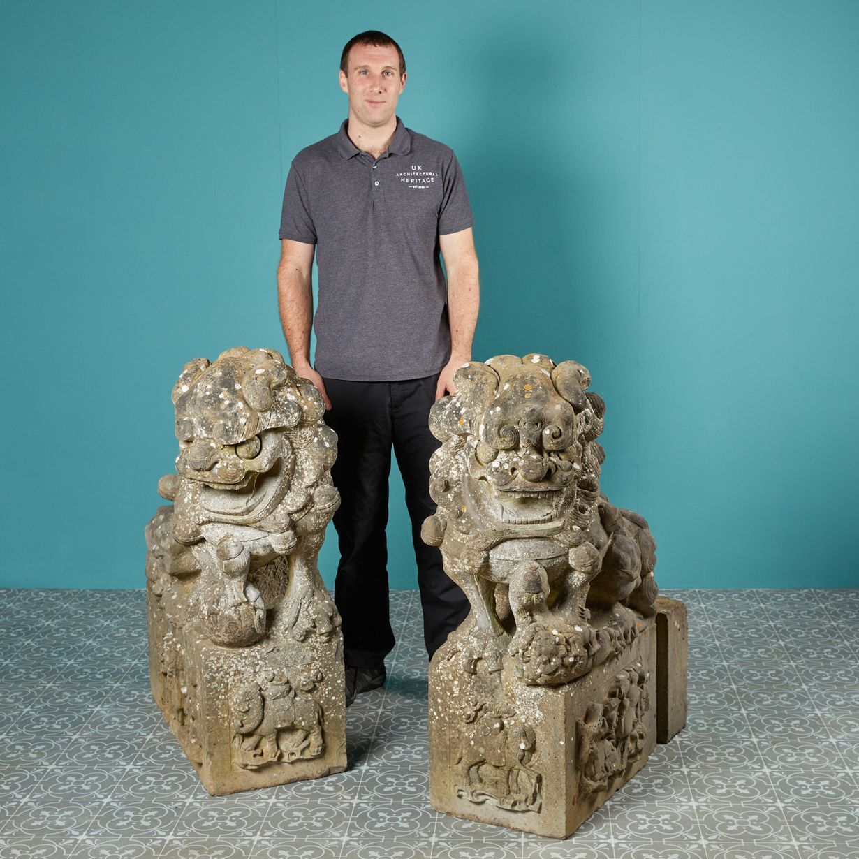 Pair of Carved Stone Chinese Foo Dog Statues