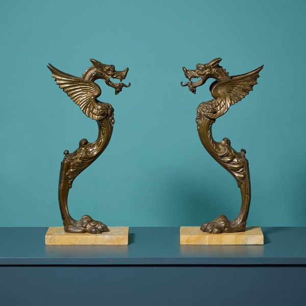 Pair of Victorian Brass Monopodia Dragons on Marble Bases