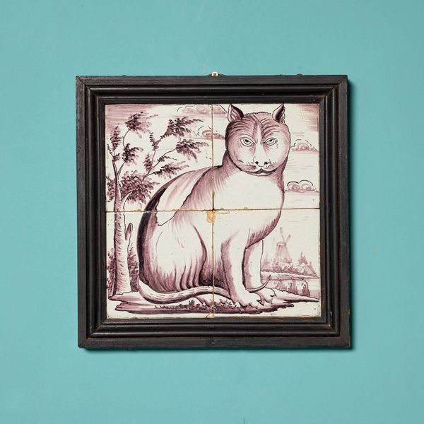 Antique Framed Delft Tile Panel Depicting a Cat in Landscape