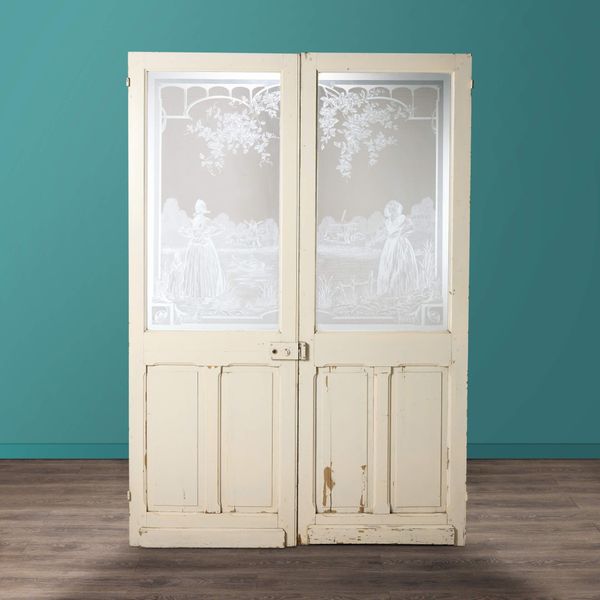 Set of Dutch Antique Acid Etched Glass Double Doors