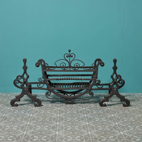 Antique Wrought Iron Fire Basket & Fire Dogs