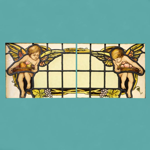 Pair of Stained Glass Panels of Putto