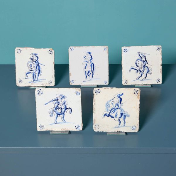 Five Antique Delft Tiles Featuring Horsemen