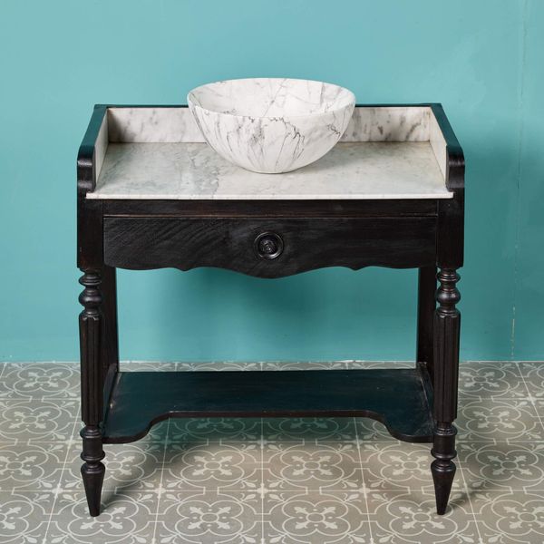 Antique Victorian Washstand with Carrara Marble and Porcelain Sink