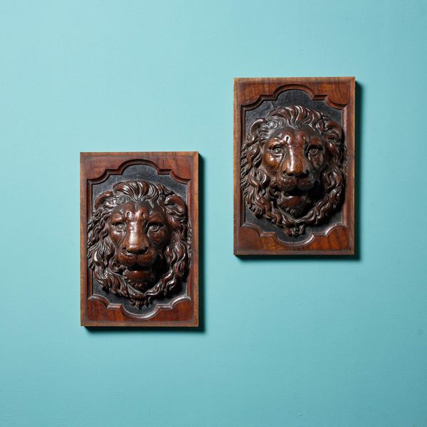 Pair of French Antique Carved Lion Panels