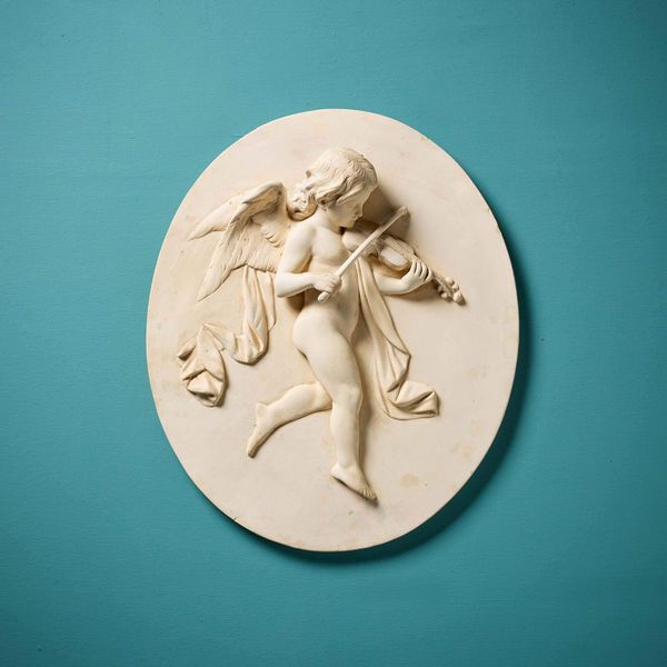 Antique Oval Plaster Relief Plaque of a Musical Putto