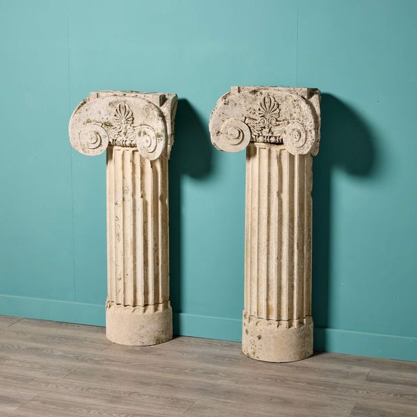 Two Antique Limestone Ionic Column Pedestals