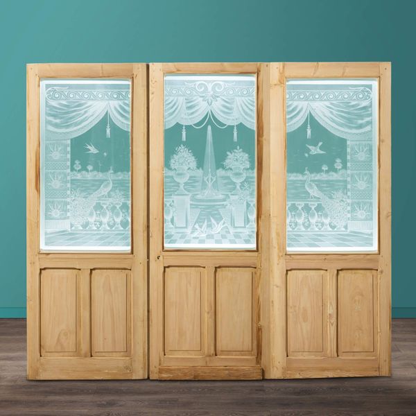Antique Etched Glass 3 Panel Room Divider Doors