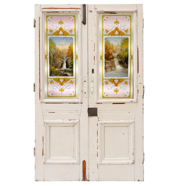 Set of Handpainted Antique Stained Glass Double Doors