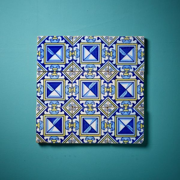 Set of 9 Reclaimed Polychrome Decorative Tiles