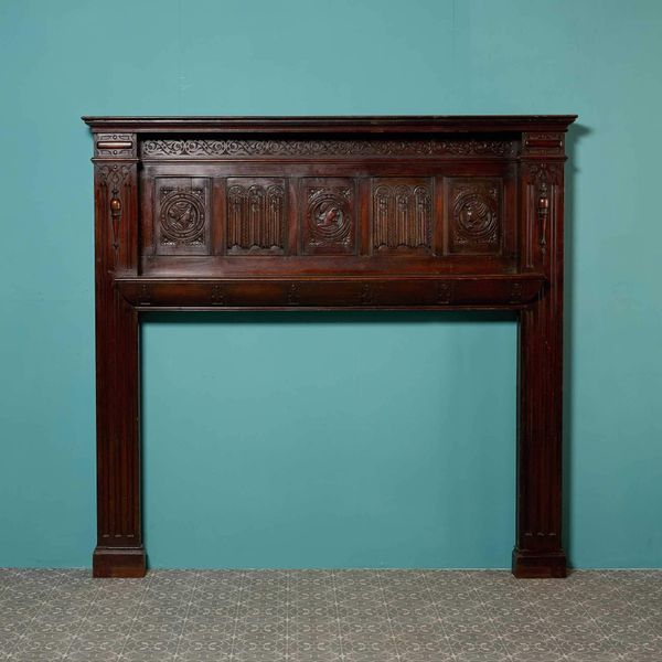 Large English Jacobean Style Carved Oak Fireplace