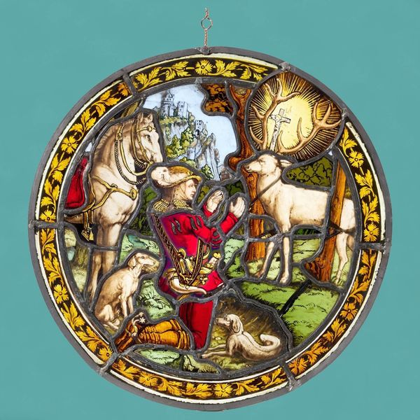 Small Antique German Religious Stained Glass Roundel