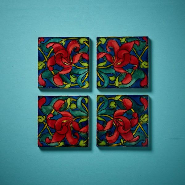 Set of 4 English Arts & Crafts Glazed Floral Tiles