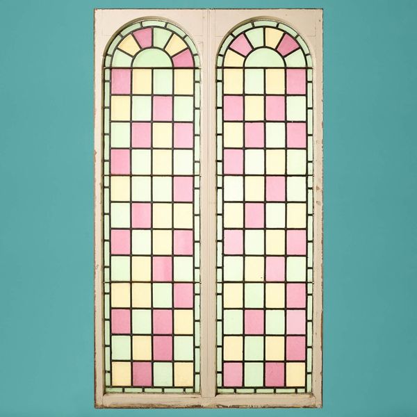 Large Reclaimed Arched Stained Glass Double Windows