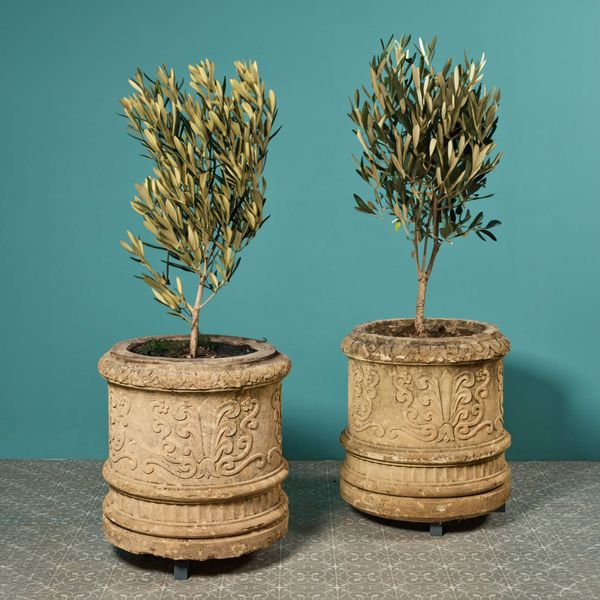 Two Large Reclaimed Carved Limestone Tree Planters