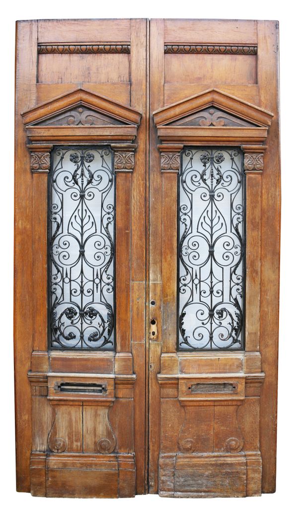 Pair of Large Oak Doors with Wrought Iron Grills