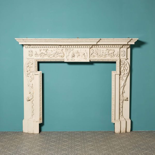 Large 18th Century English Breakfront Carved Pine Fire Surround