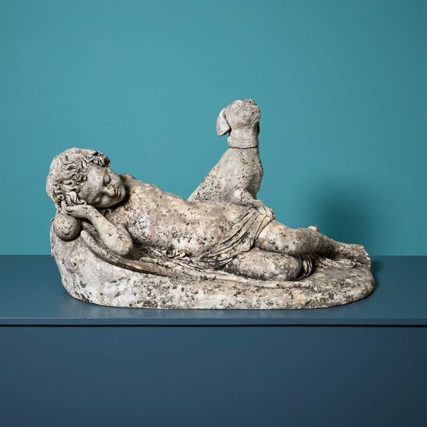 E. Wolff (1802-1879) Weathered Statuary Marble Sleeping Cupid & Dog Statue