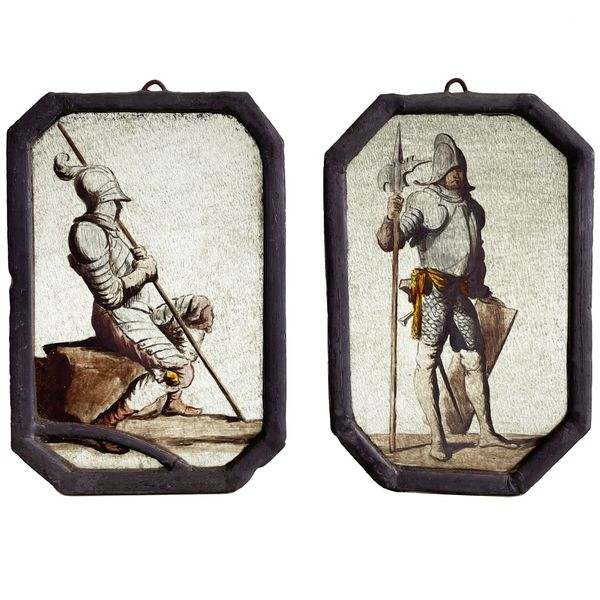 Pair of Antique Stained Glass Panels of Medieval Soldiers