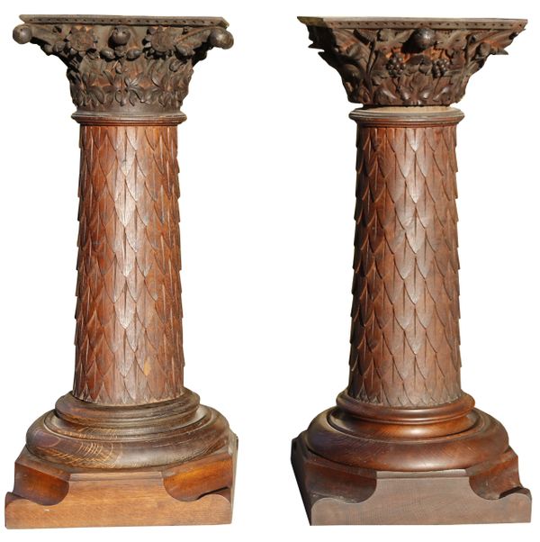 Two Antique Carved Oak Column Pedestals