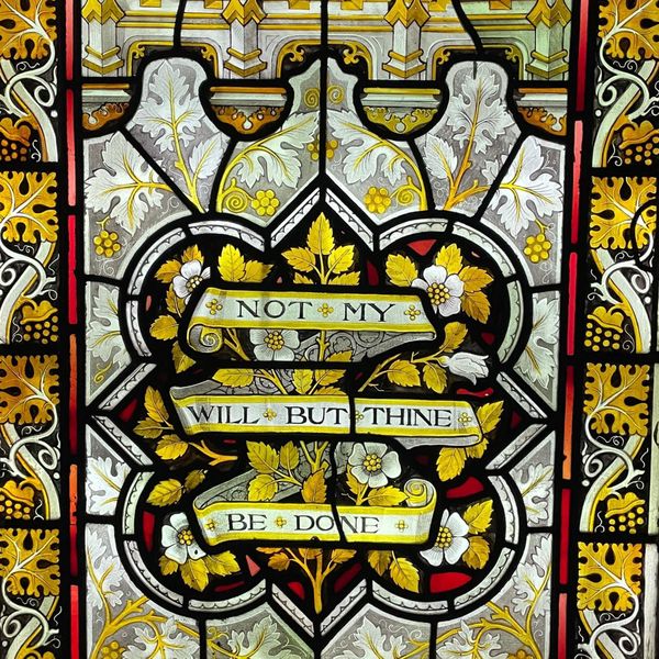 Antique Ecclesiastical Stained Glass with Religious Quote