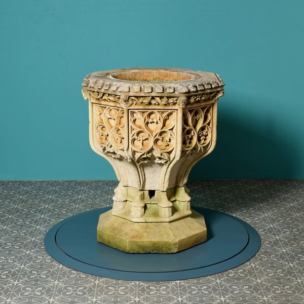 Antique Gothic Carved Limestone Font