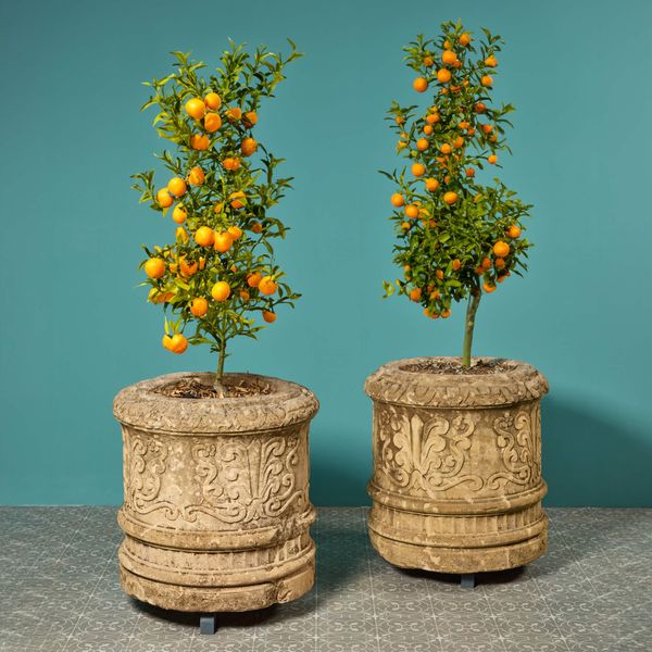 Two Large Reclaimed Carved Limestone Planters