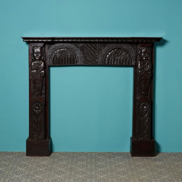 Antique Tudor Style Carved Oak Fireplace