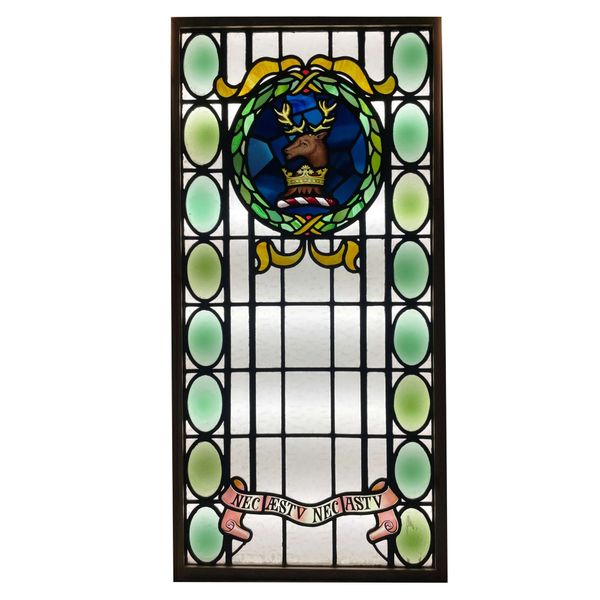 Large Antique Stained Glass Window with Stag Crest