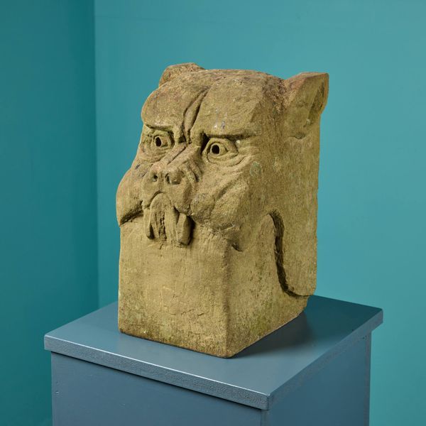 Large Carved Stone Dog Head Gargoyle Statue