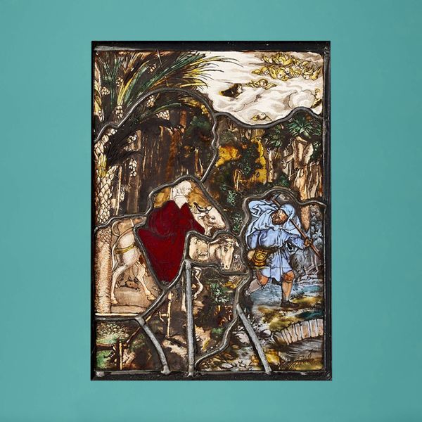 Antique Religious Stained Glass Depicting the Flight into Egypt