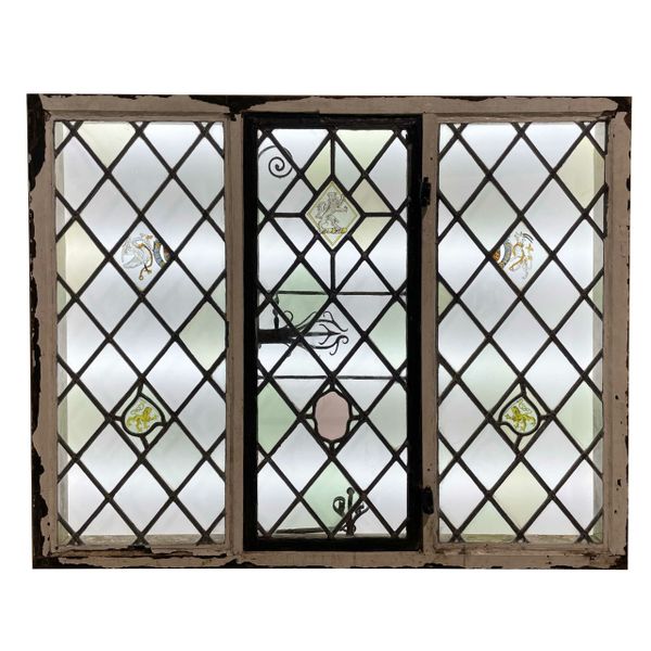 3 Pane Antique Heraldic Stained Glass Window