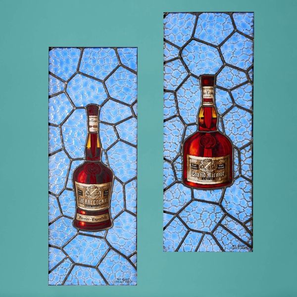 Pair of Antique Stained Glass Liquor Advertising Panels