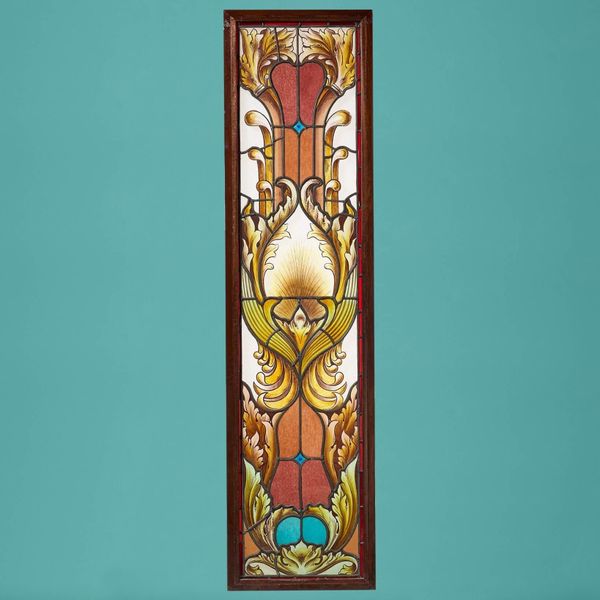 Large Antique Art Nouveau Stained Glass in Mahogany Frame