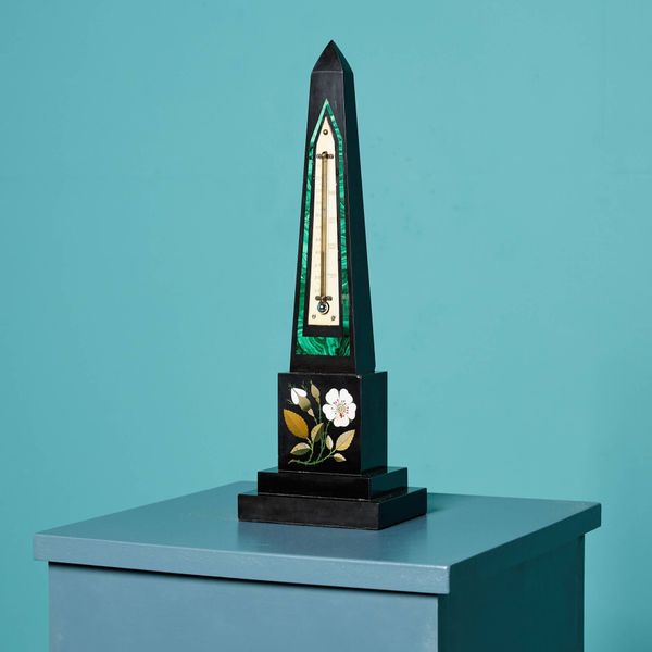 Antique Ashford Black & Pietra Dura Marble Obelisk Thermometer