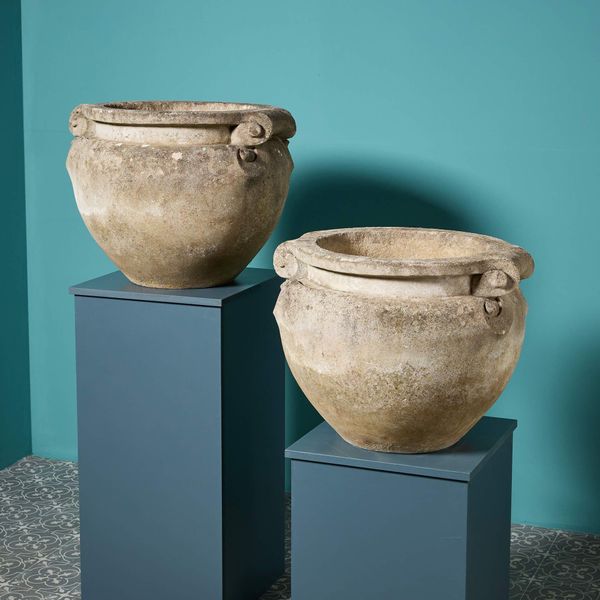 Pair of Large English Composition Stone Scroll Pots