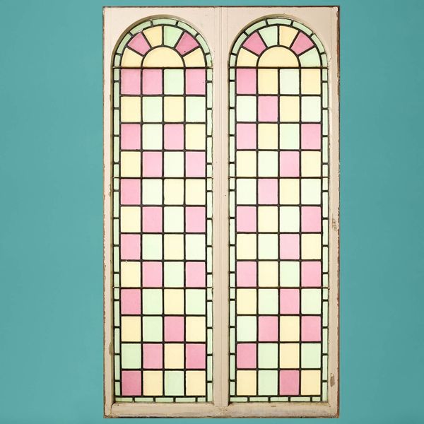 Reclaimed Stained Glass Arched Double Windows with Frame